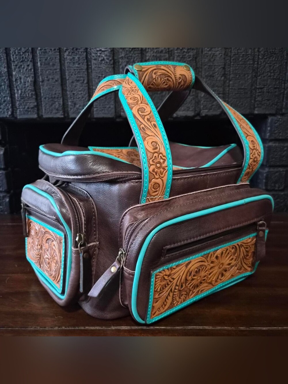 Leather Tooled Brown & Turquoise Lunchbox
